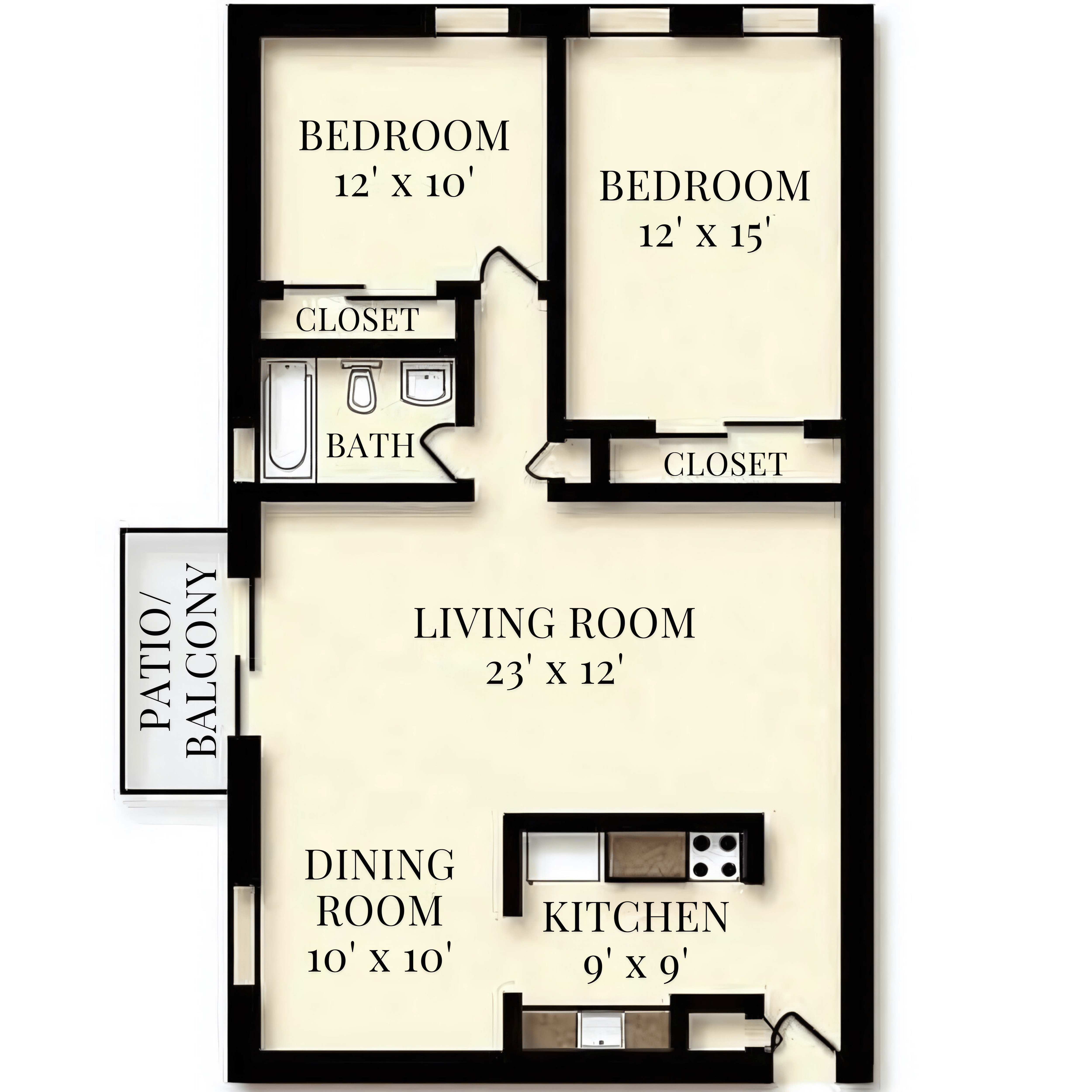 Floor plan for 2 beds, 1 bath, 790 sqft